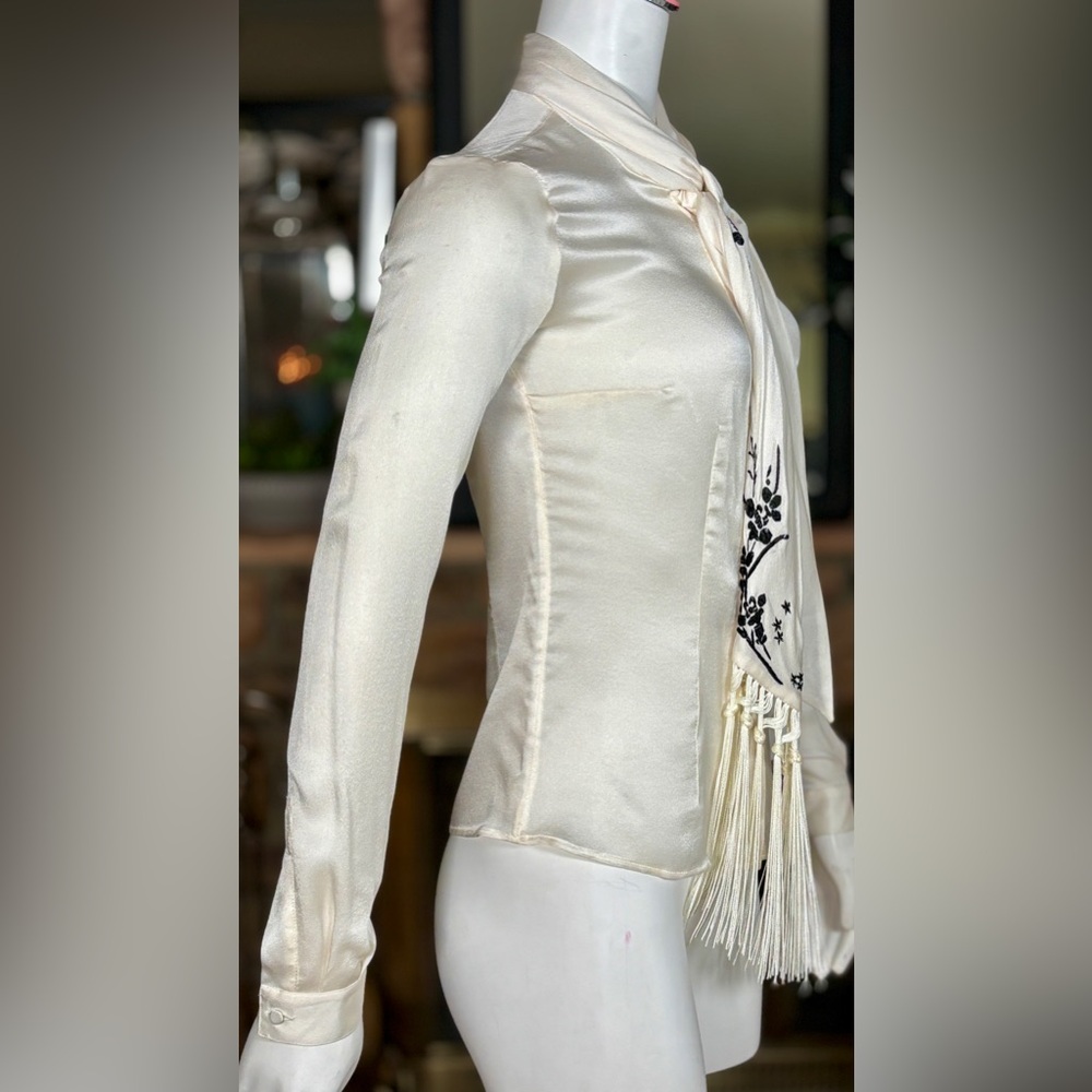 Alexander McQueen Ivory Silk Tie-Neck Button Down Blouse with Black Embroidery - Picture 5 of 15